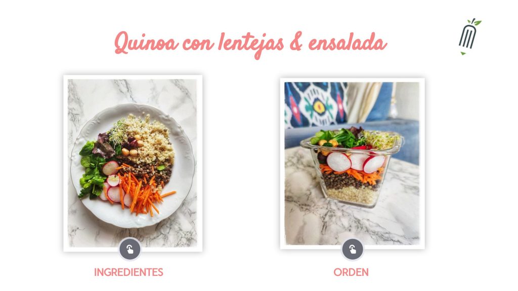 Plato saludable de quinoa con lentejas y ensalada, una opción equilibrada para llevar en tapper al trabajo
