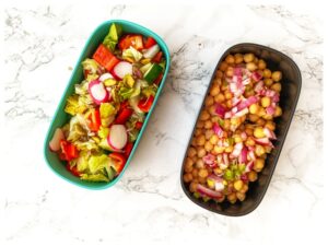 Tapper con ensalada fresca de lechuga, tomate y rábano acompañado de garbanzos con cebolla morada, una opción saludable y equilibrada para llevar al trabajo