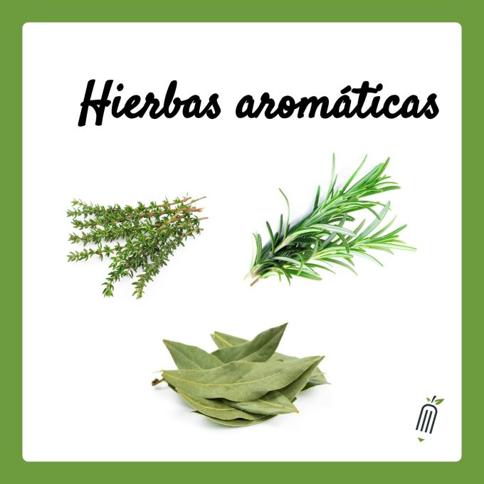 Recuadro blanco con márgenes verdes. Se ve un titulo que reza Hierbas aromáticas y se ven tres imágenes de tomillo, romero y laurel