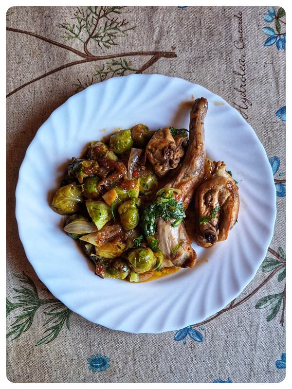 “Plato hondo con guiso mediterráneo de conejo y coles de Bruselas, acompañado de sofrito de tomate, ajo y cebolla, sobre fondo rústico de madera. Receta saludable de temporada.”